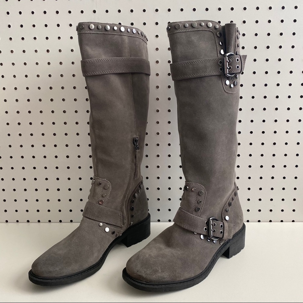 Sam Edelman Gray Suede Studded Knee-High Heeled Boots - Picture 3 of 9